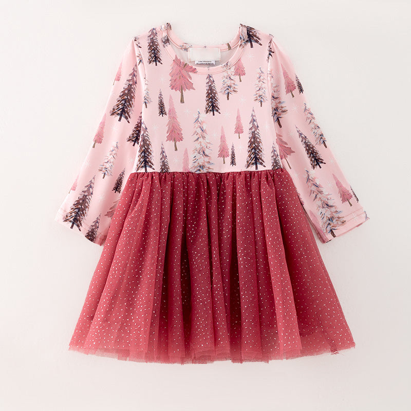(In Stock Q13-3-1)Girls Christmas Tree Print Tulle Dress