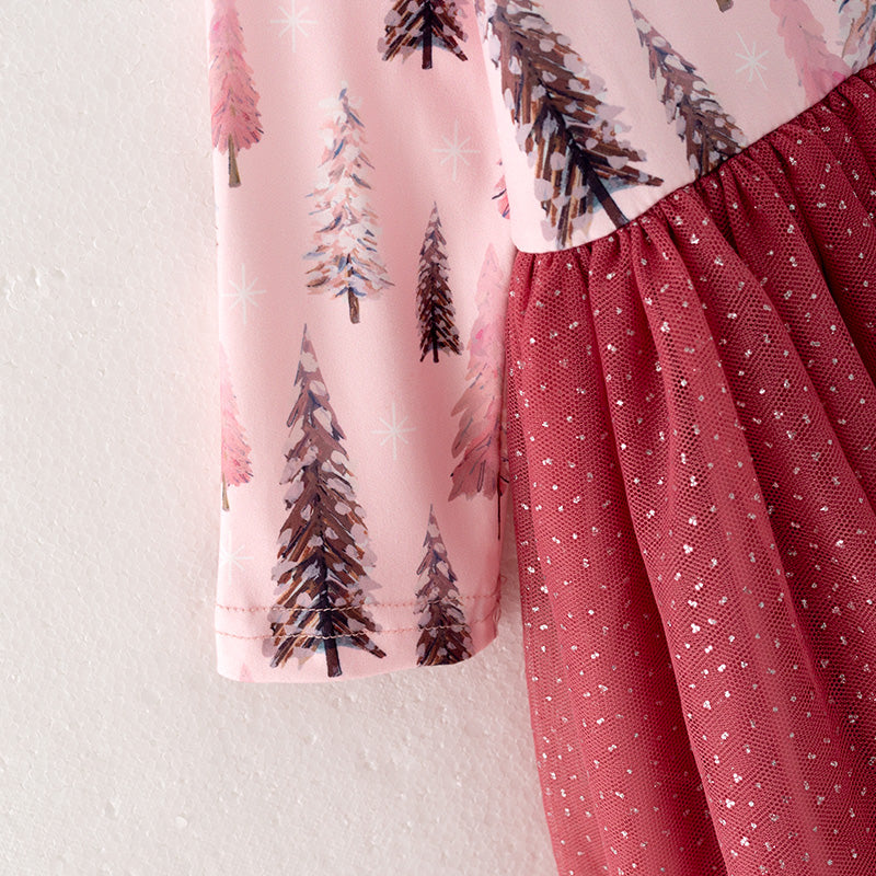 (In Stock Q13-3-1)Girls Christmas Tree Print Tulle Dress