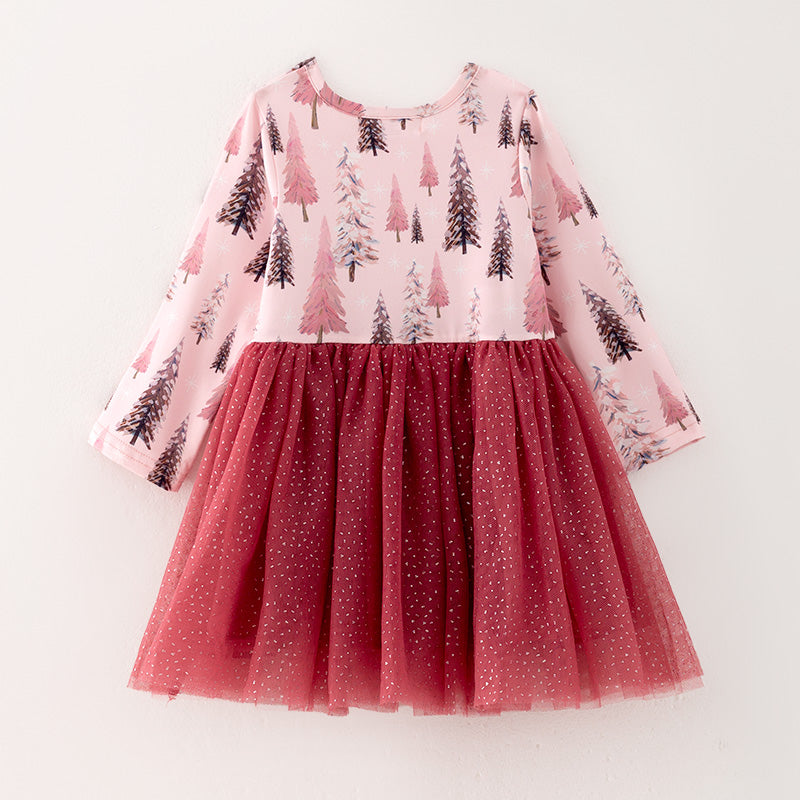 (In Stock Q13-3-1)Girls Christmas Tree Print Tulle Dress