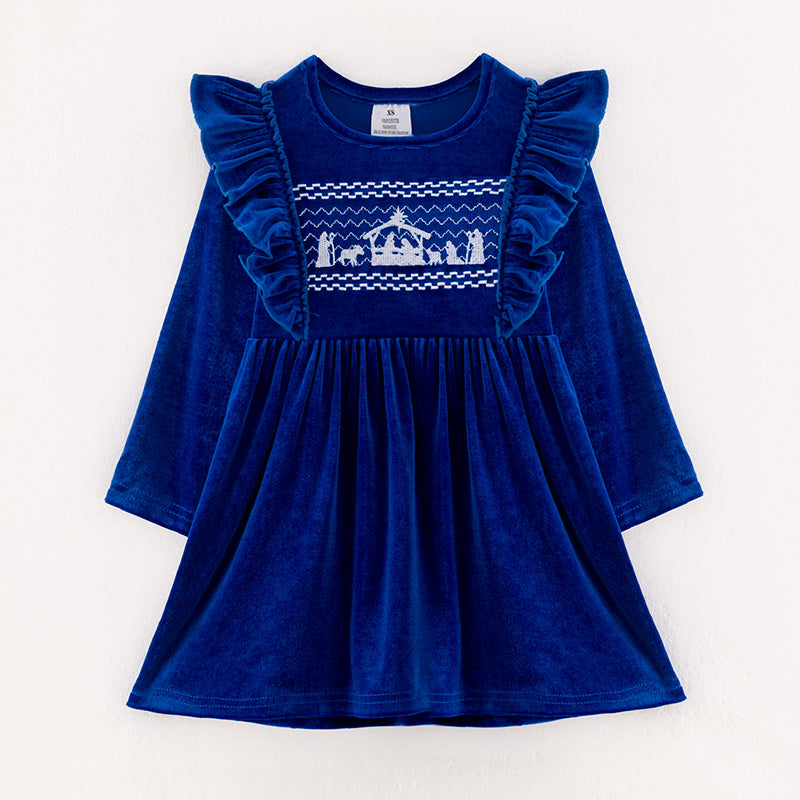 (In Stock E35-2-1)Girls Christmas Embroidery Blue Velvet Dress