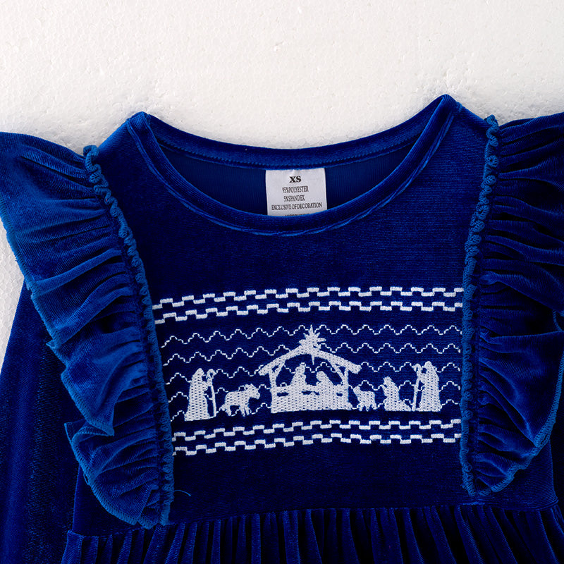 (In Stock E35-2-1)Girls Christmas Embroidery Blue Velvet Dress