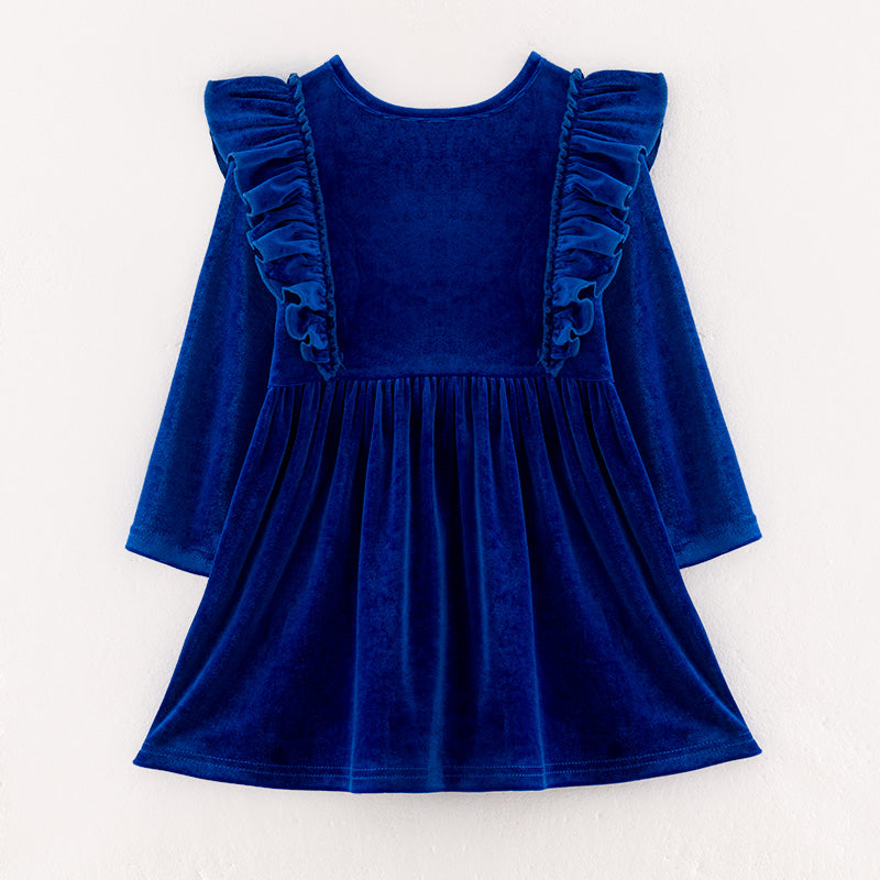 (In Stock E35-2-1)Girls Christmas Embroidery Blue Velvet Dress