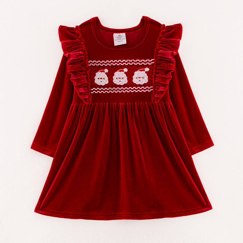 (In Stock E36-2-1)Girls Christmas Embroidery Red Velvet Dress