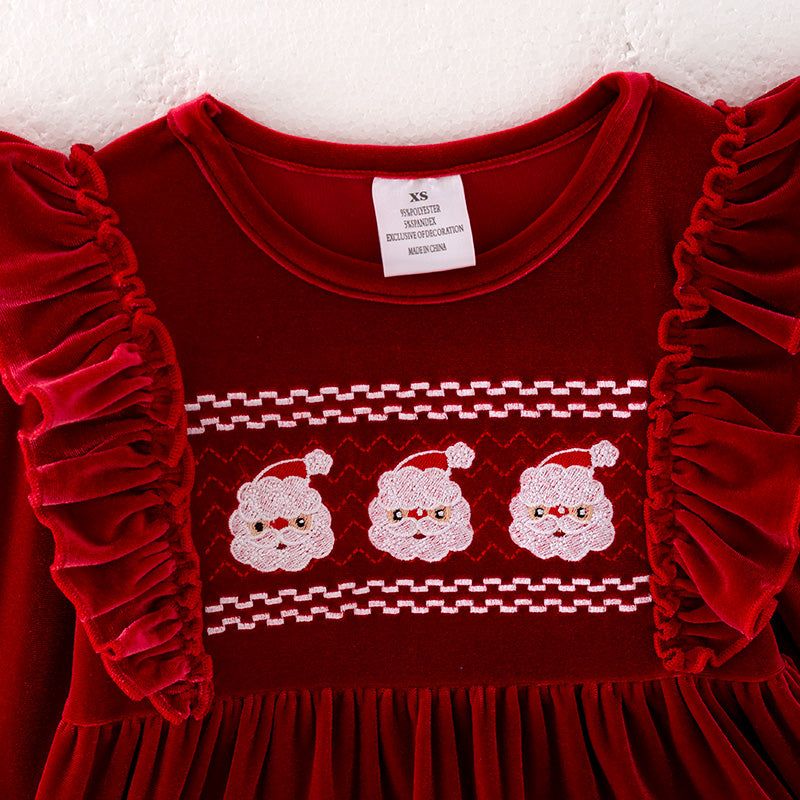(In Stock E36-2-1)Girls Christmas Embroidery Red Velvet Dress