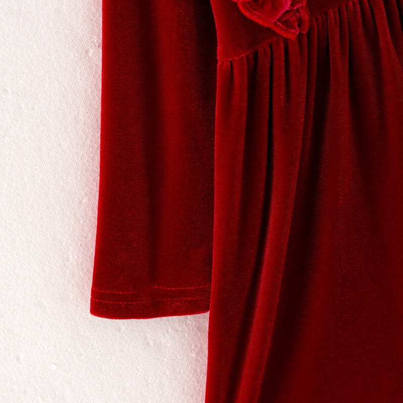 (In Stock E36-2-1)Girls Christmas Embroidery Red Velvet Dress