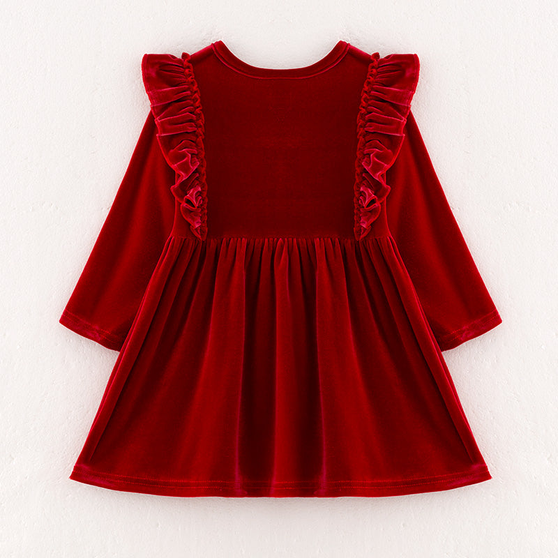 (In Stock E36-2-1)Girls Christmas Embroidery Red Velvet Dress