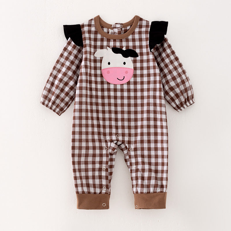 (In Stock Q12-2-1)Baby Girls Fall Cow Applique Romper