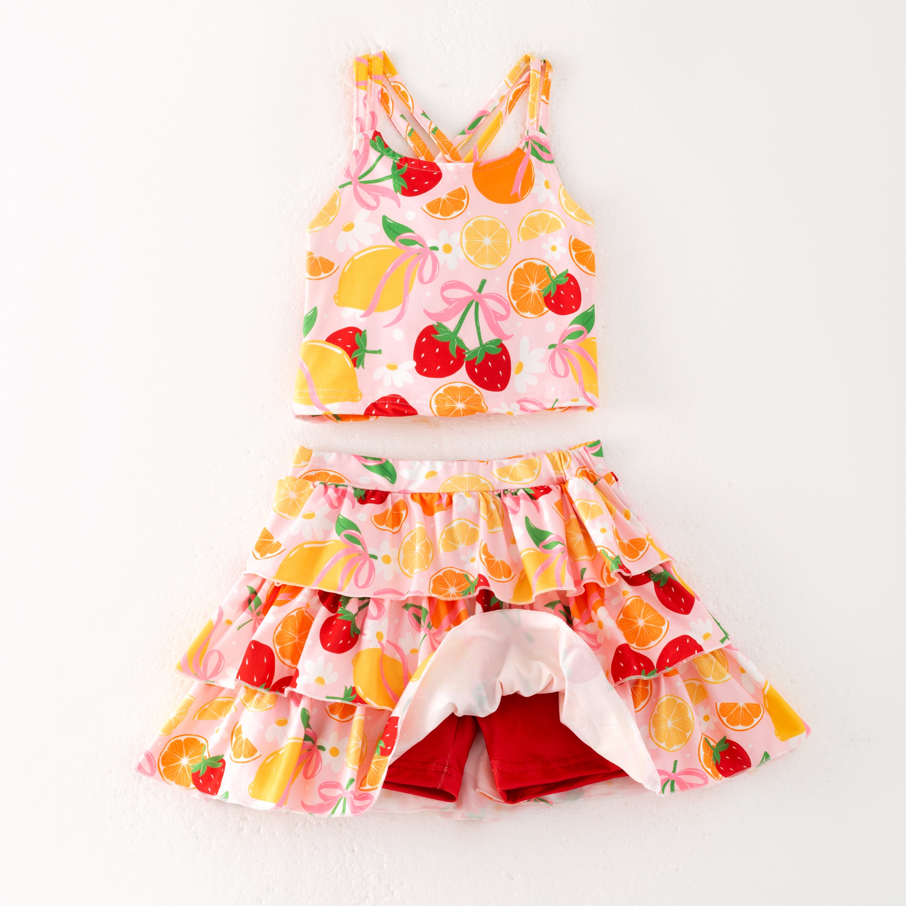 (Pre Order)Girls Spring and Summer Bow&Dinosaur Print Skort Set