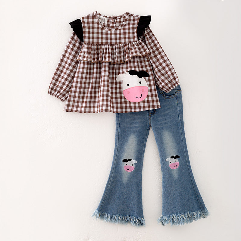 (In Stock Q12-2-1)Girls Fall Cow Applique Denim Set