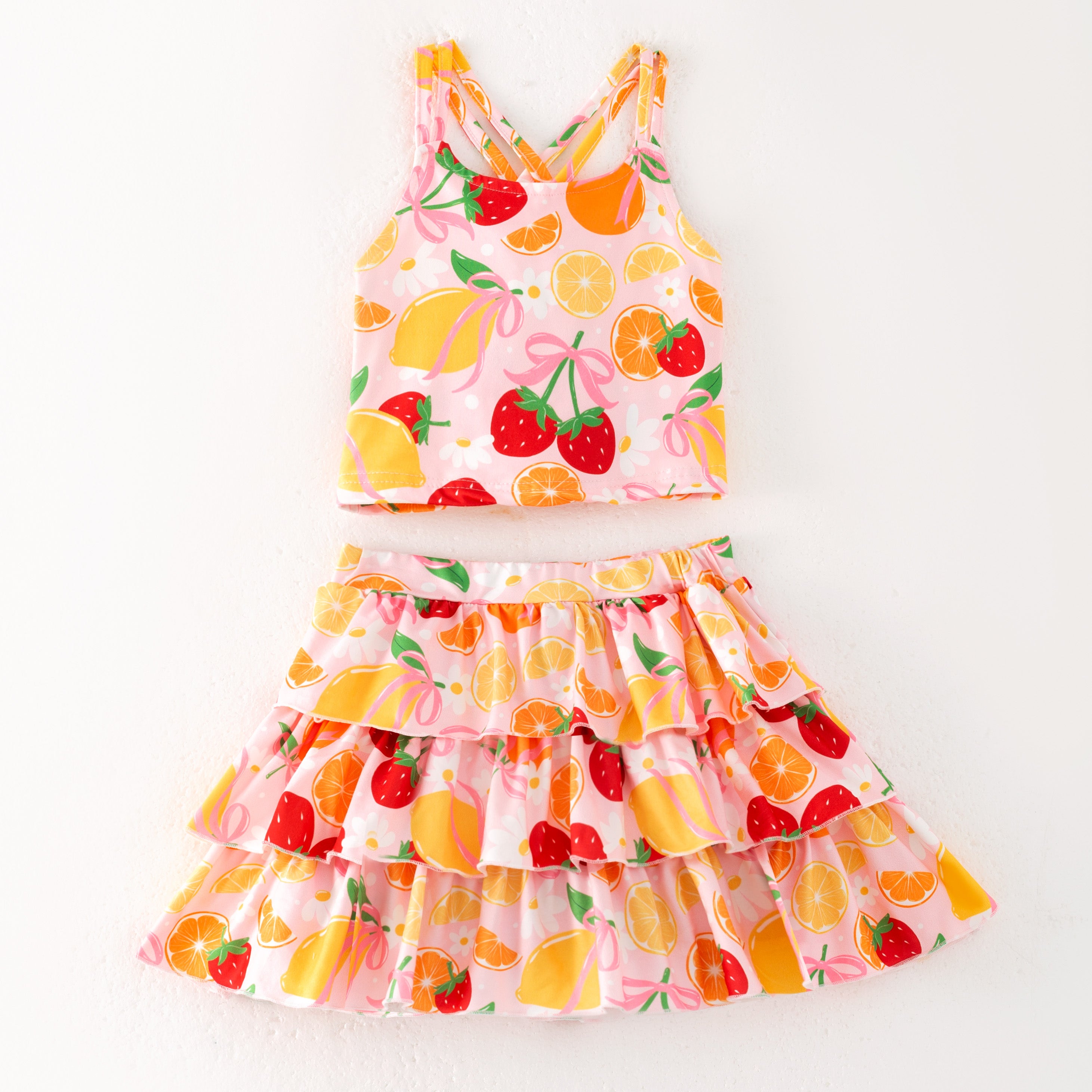 (Pre Order)Girls Spring and Summer Bow&Dinosaur Print Skort Set