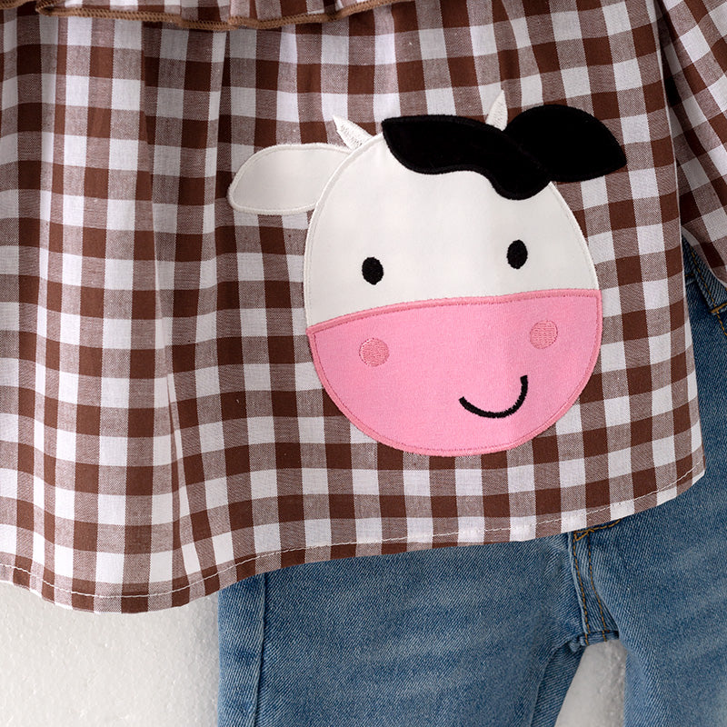 (In Stock Q12-2-1)Girls Fall Cow Applique Denim Set