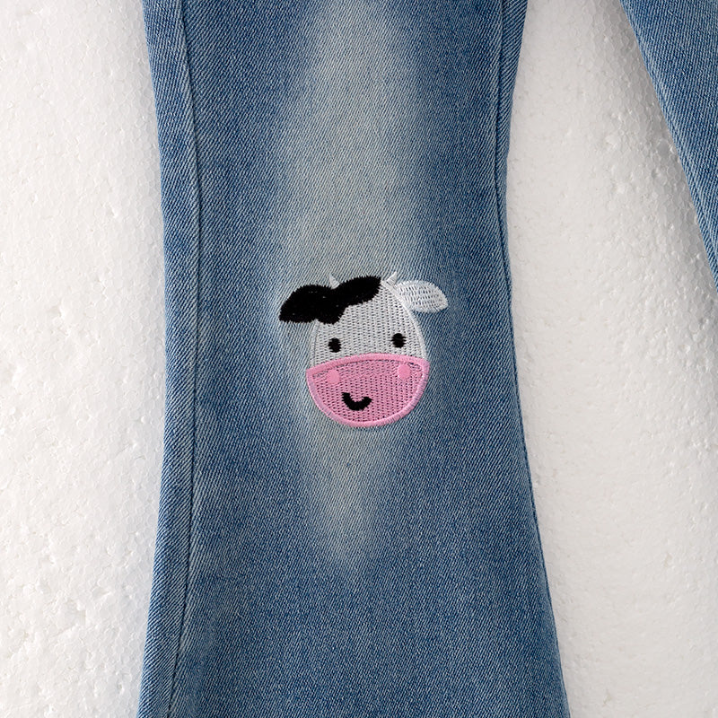 (In Stock Q12-2-1)Girls Fall Cow Applique Denim Set