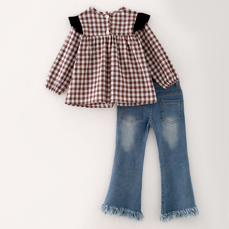 (In Stock Q12-2-1)Girls Fall Cow Applique Denim Set
