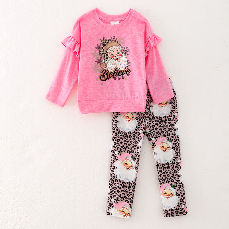 (In Stock L34-2-1)Girls Christmas Santa Claus Print Outfit Set