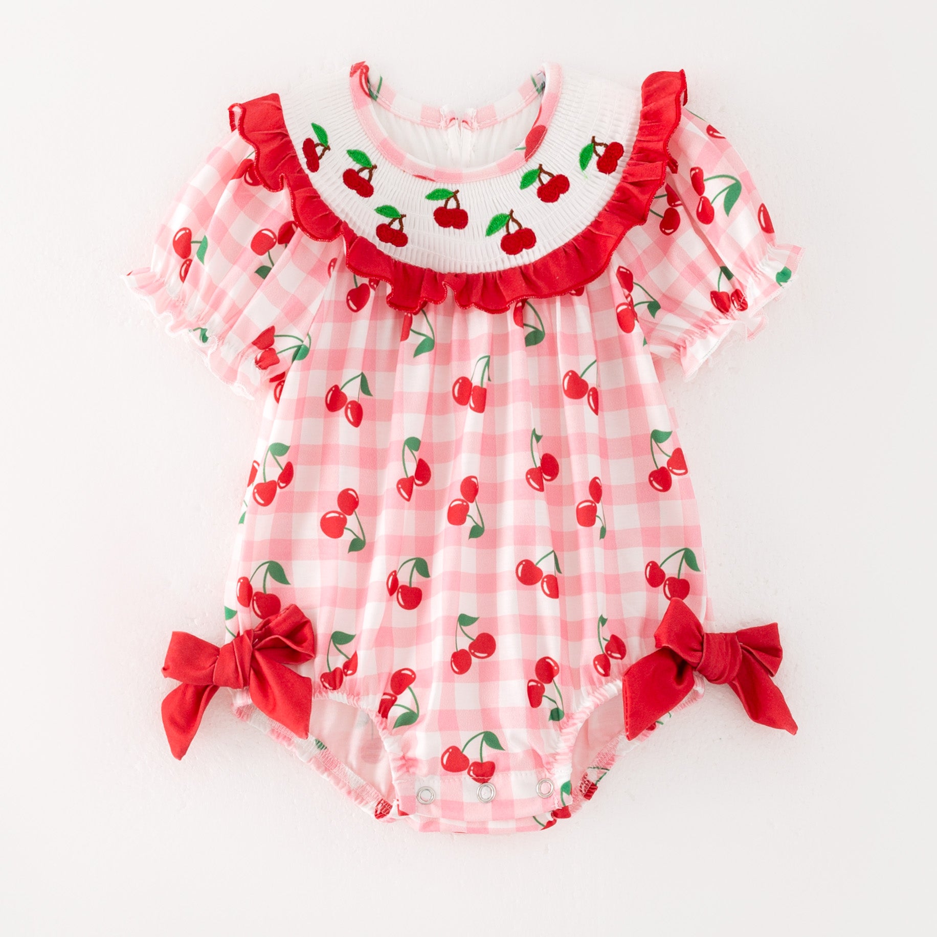 (Pre Order)Mommy and Me Spring&Summer Cherry Embroidery Smocked Dress,Romper