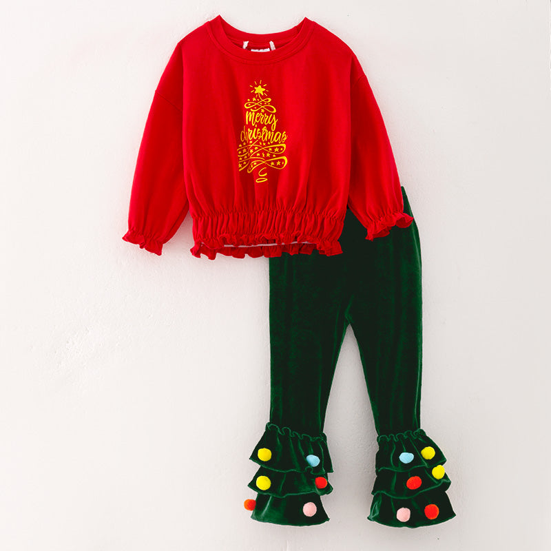 (In Stock Q13-5-2)Girls Christmas Print Cotton Top Velvet Pants Set