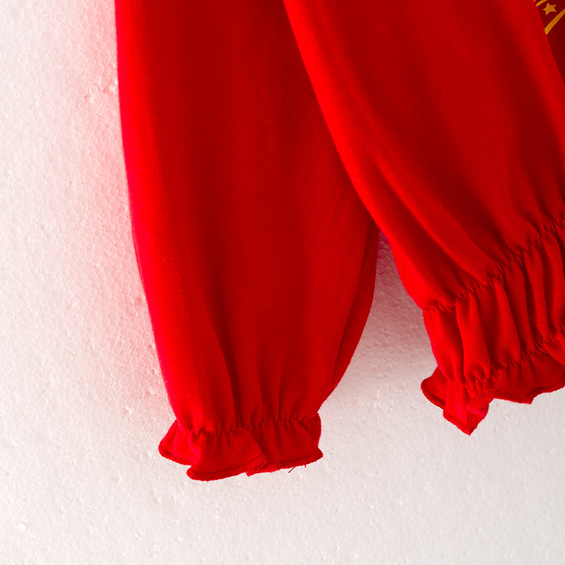 (In Stock Q13-5-2)Girls Christmas Print Cotton Top Velvet Pants Set