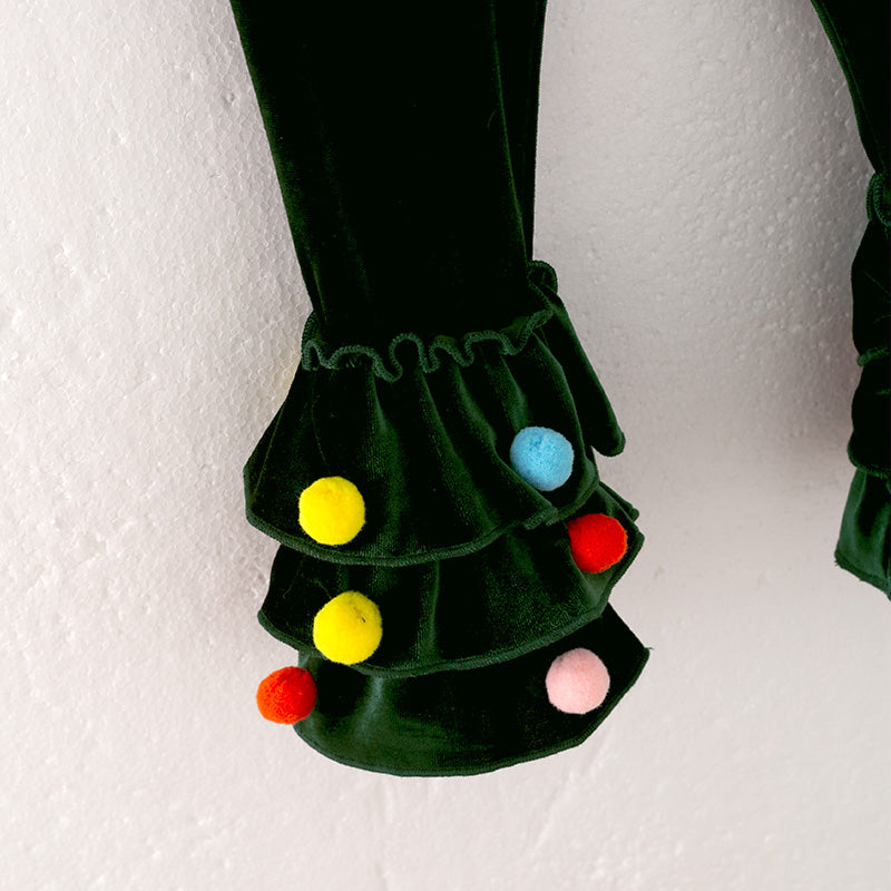 (In Stock Q13-5-2)Girls Christmas Print Cotton Top Velvet Pants Set