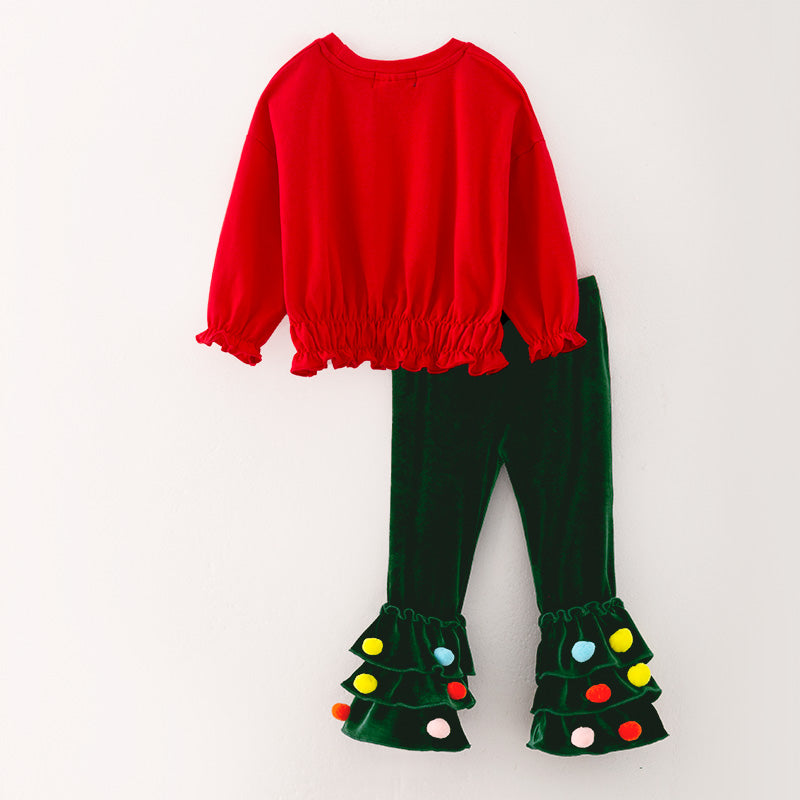(In Stock Q13-5-2)Girls Christmas Print Cotton Top Velvet Pants Set