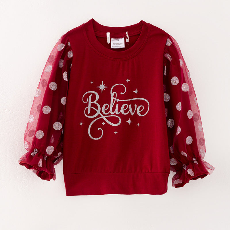 (In Stock Q13-3-1)Girls Christmas Believe Print Top