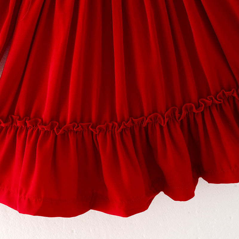 (In Stock Q13-4-1)Girls Fall Red Chiffon Smocked Dress