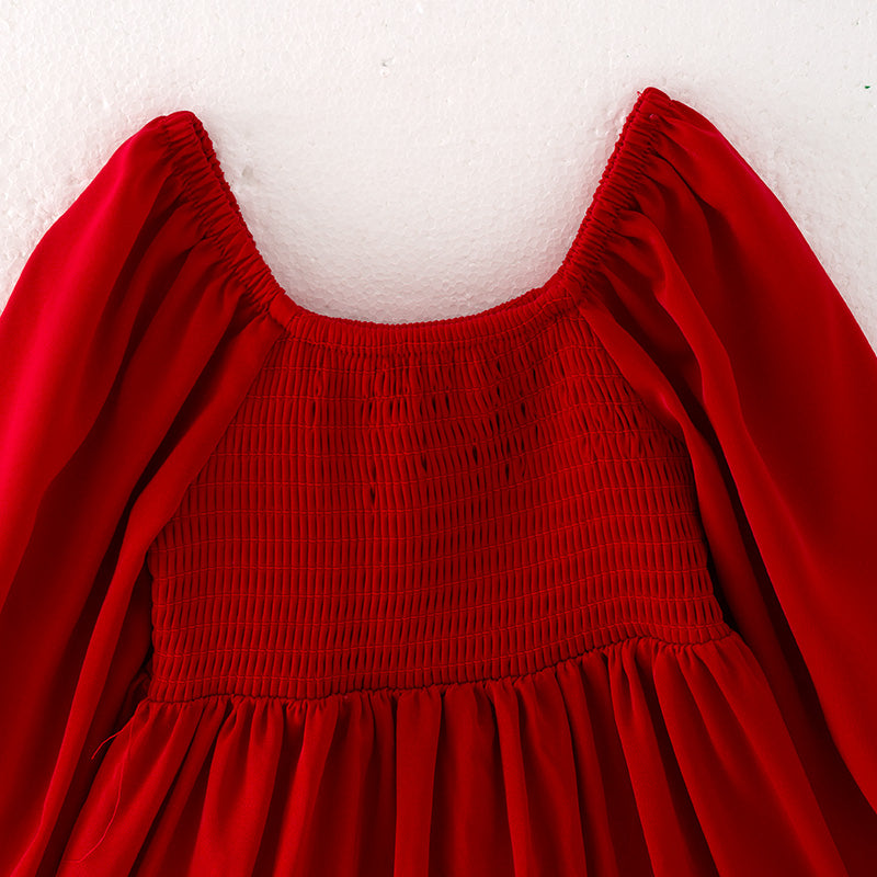 (In Stock Q13-4-1)Girls Fall Red Chiffon Smocked Dress