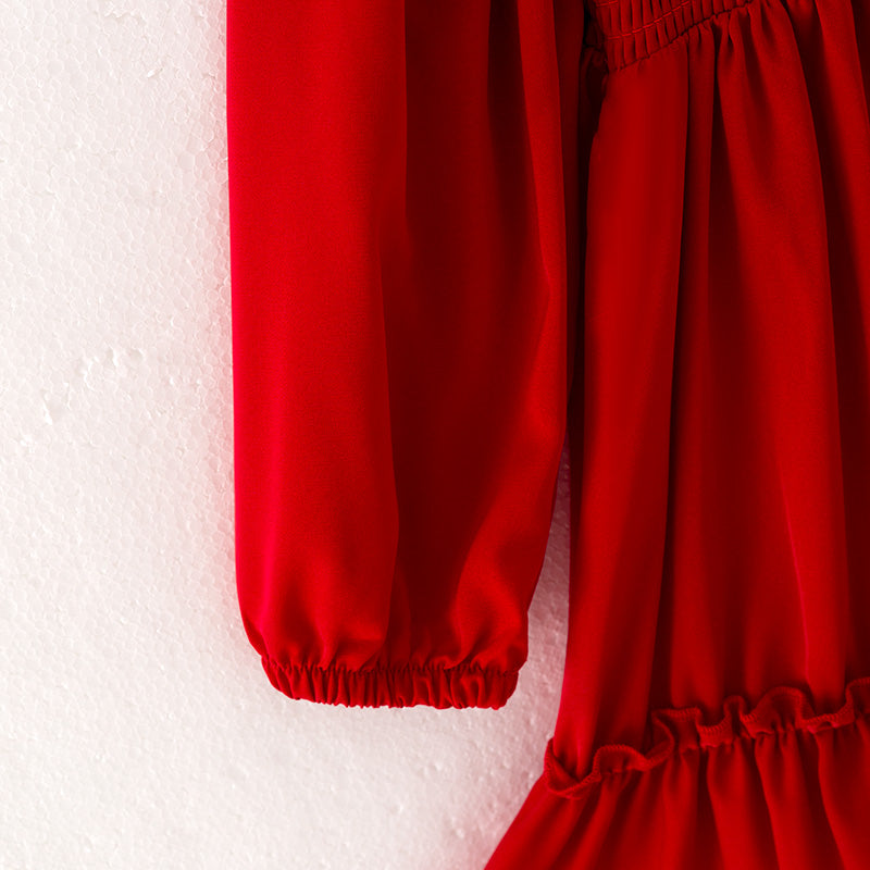 (In Stock Q13-4-1)Girls Fall Red Chiffon Smocked Dress