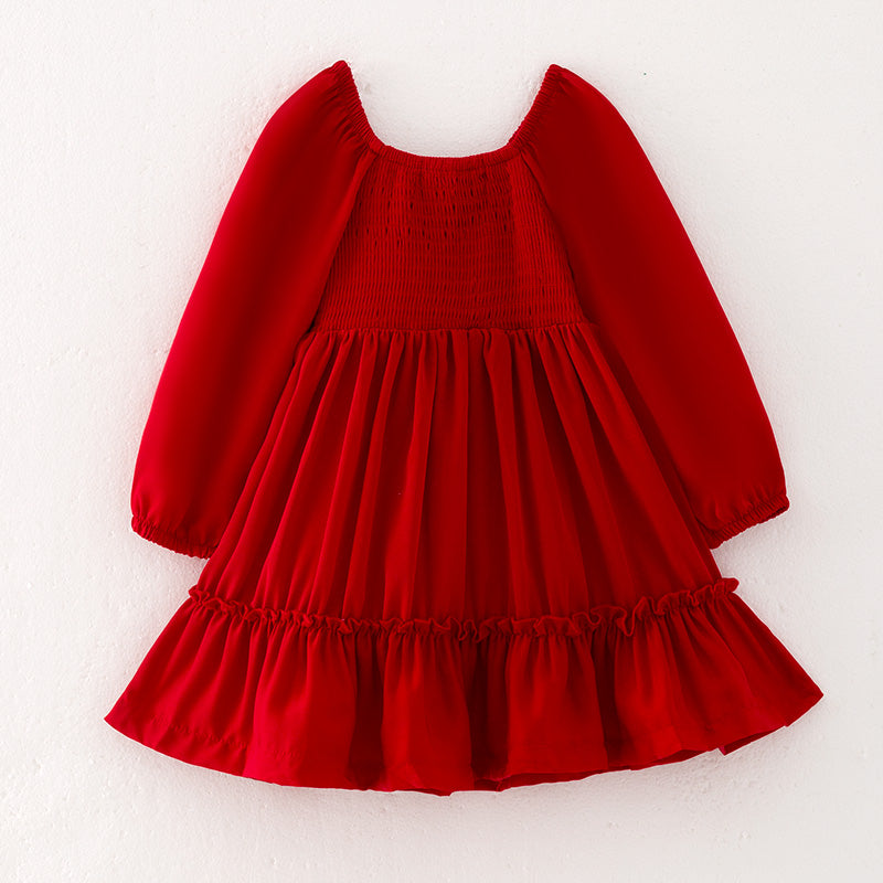 (In Stock Q13-4-1)Girls Fall Red Chiffon Smocked Dress