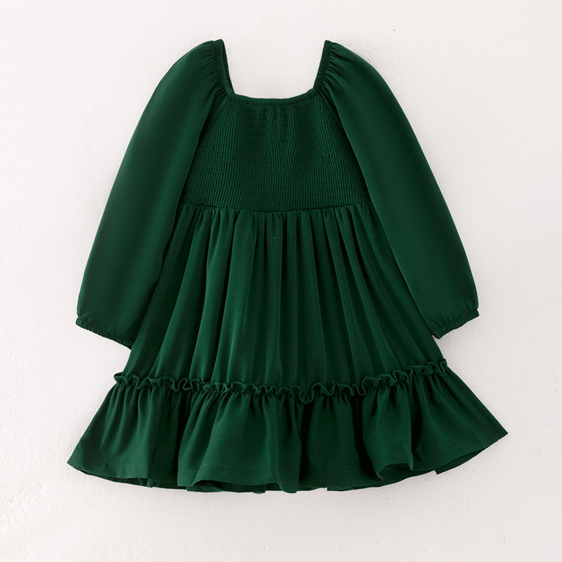 (In Stock Q13-5-1)Girls Fall Green Chiffon Smocked Dress