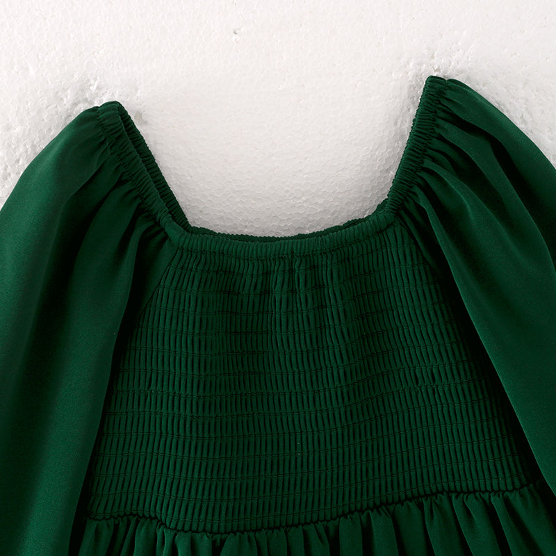 (In Stock Q13-5-1)Girls Fall Green Chiffon Smocked Dress