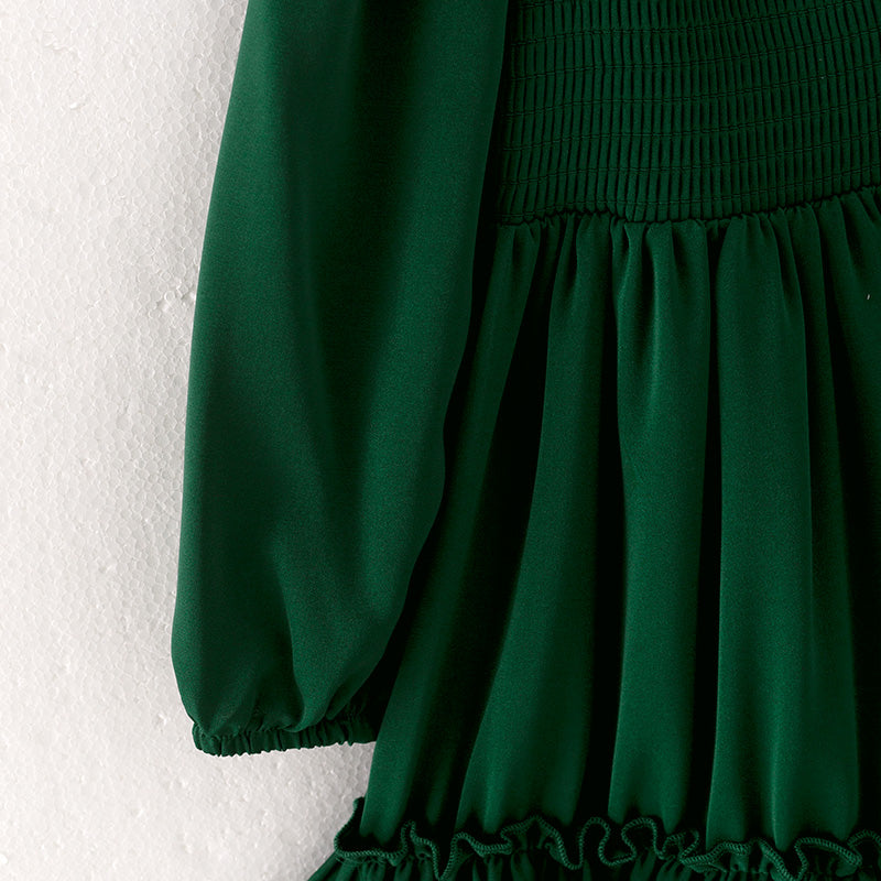 (In Stock Q13-5-1)Girls Fall Green Chiffon Smocked Dress