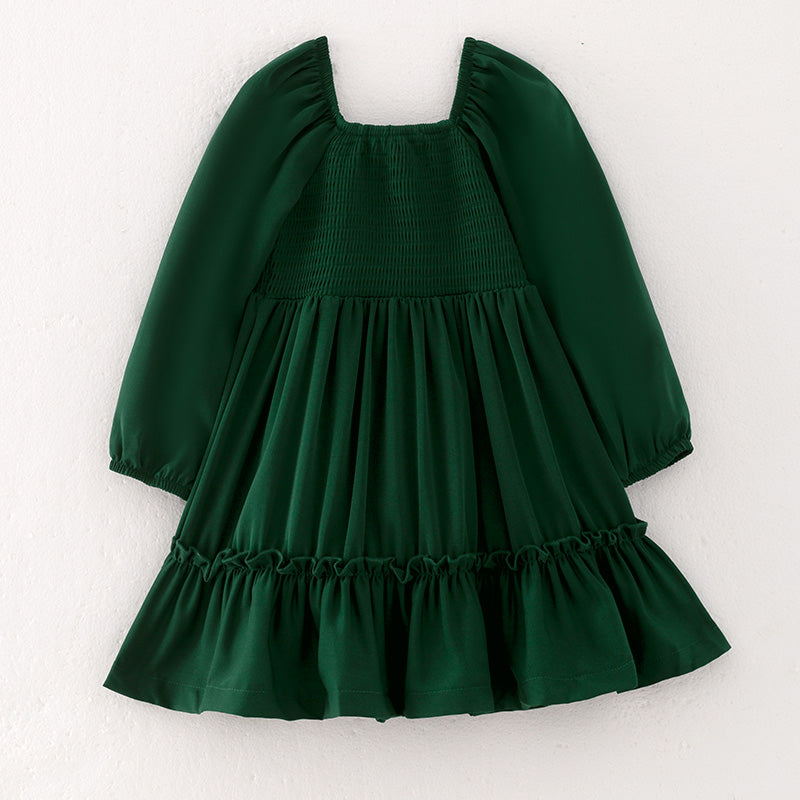 (In Stock Q13-5-1)Girls Fall Green Chiffon Smocked Dress