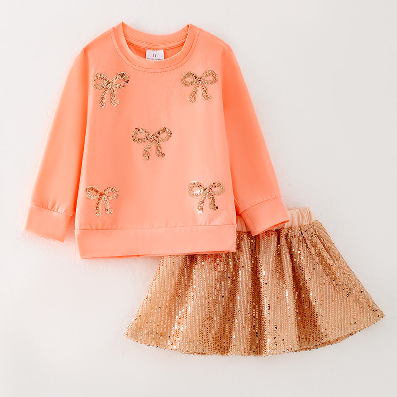 (In Stock)One Pack(19 Pieces total) Sale Girls Fall Bow Sequin Skirt Set