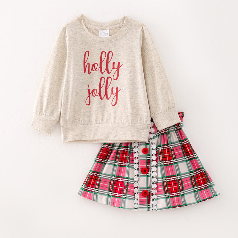 (In Stock G27-1-3)Girls Christmas Holly Jolly Print Skirt Set with Sweater Cardigan