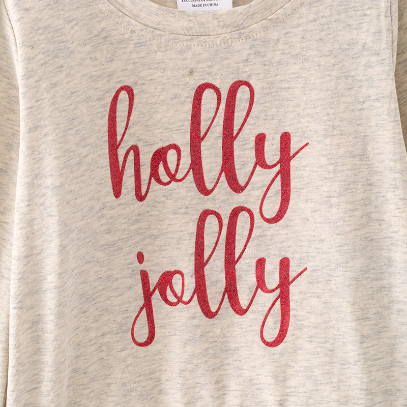 (In Stock G27-1-3)Girls Christmas Holly Jolly Print Skirt Set with Sweater Cardigan