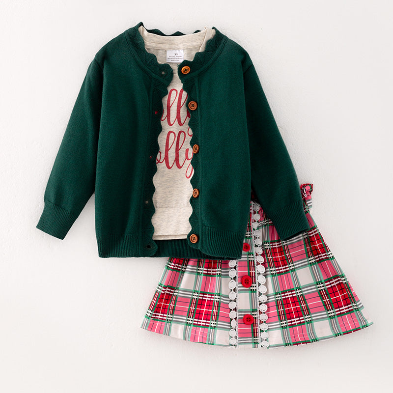 (In Stock G27-1-3)Girls Christmas Holly Jolly Print Skirt Set with Sweater Cardigan
