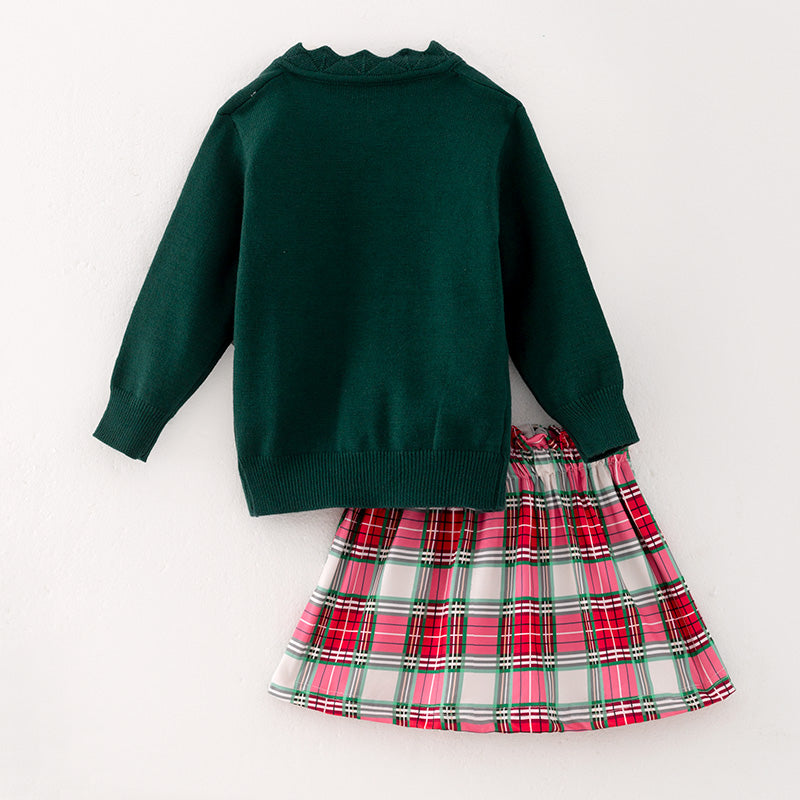 (In Stock G27-1-3)Girls Christmas Holly Jolly Print Skirt Set with Sweater Cardigan