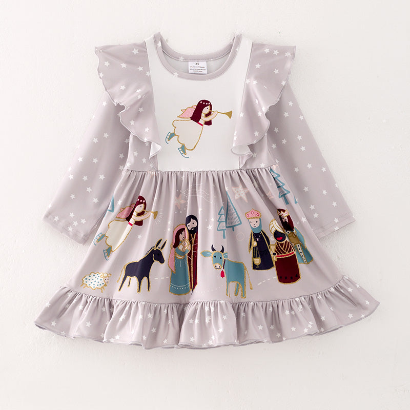 (In Stock G7-4-1 L36-5-1)Girls Christmas Print Dress