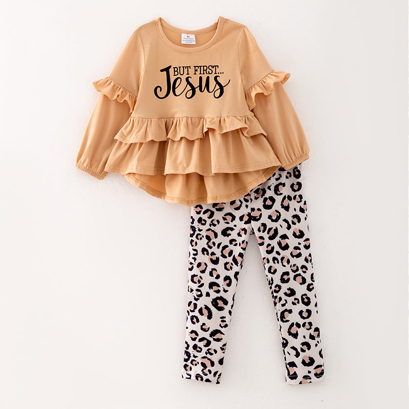 (In Stock Q11-3-1)Girls Fall Jesus Print Outfit Set