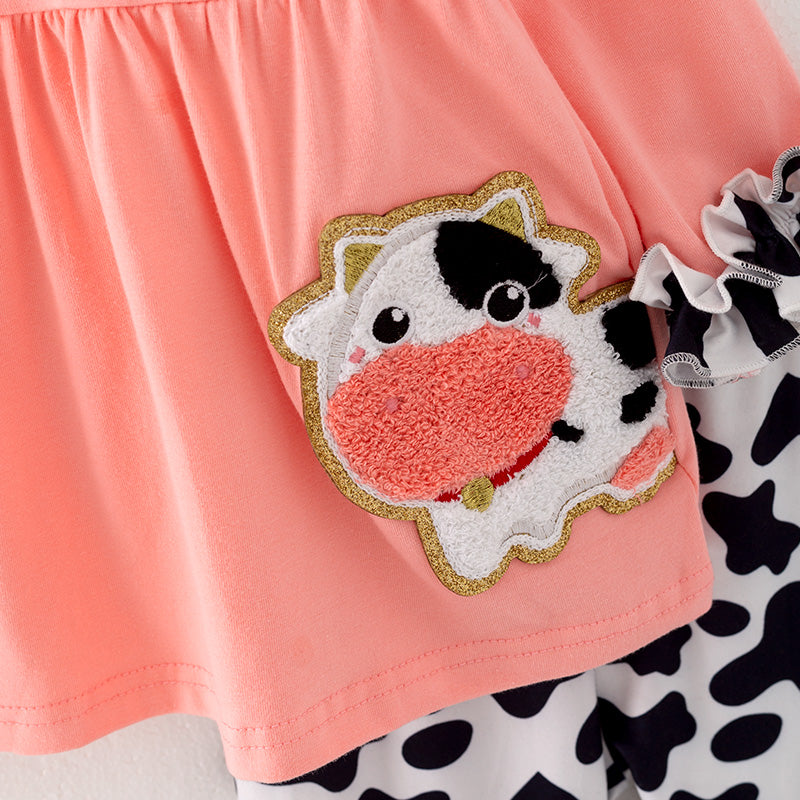 (In Stock Q11-5-2)Girls Fall Cow Chenille Patches Outfit Set