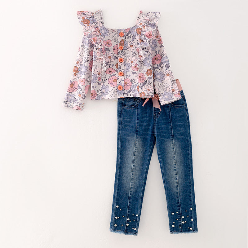 (In Stock Q12-2-1)Girls Fall Floral Print Denim Set