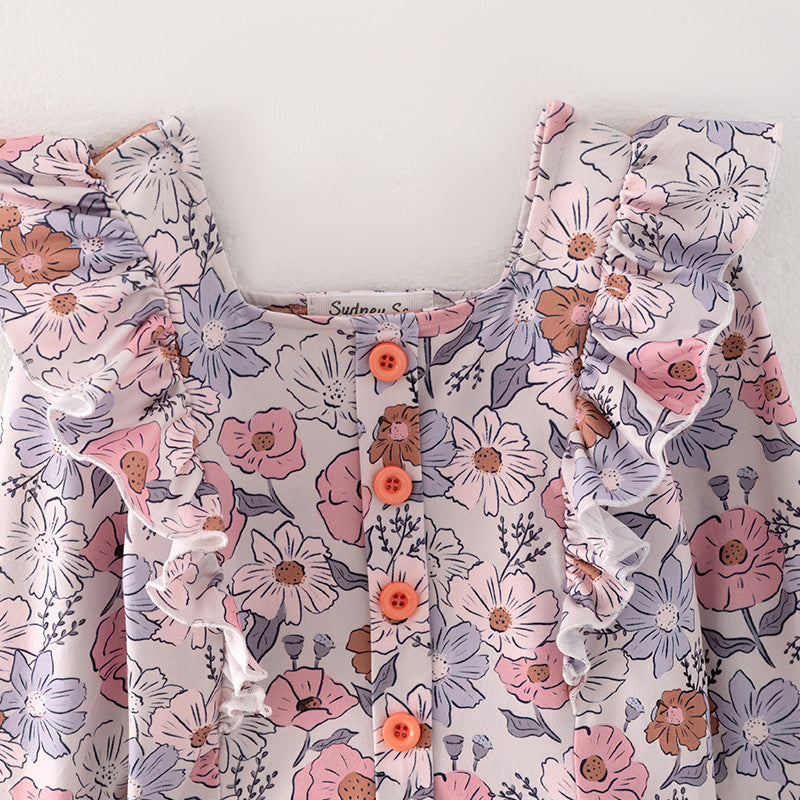 (In Stock Q12-2-1)Girls Fall Floral Print Denim Set