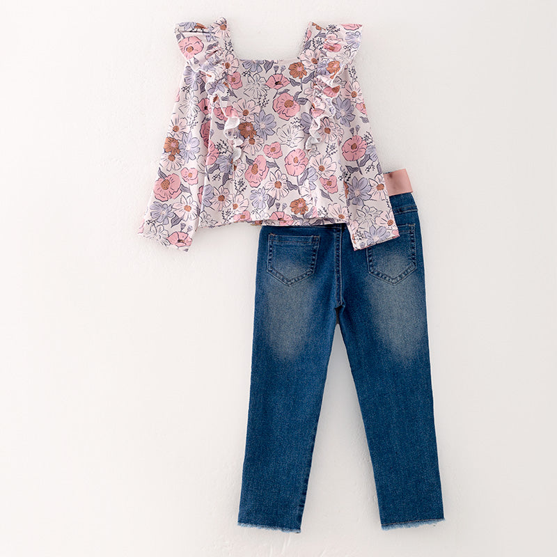 (In Stock Q12-2-1)Girls Fall Floral Print Denim Set