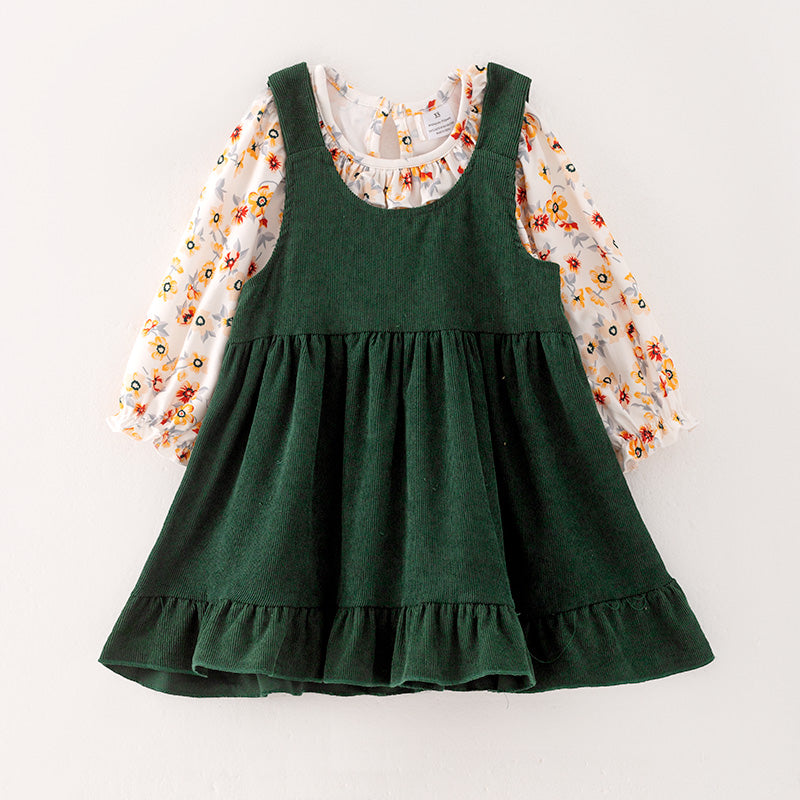 (In Stock Q12-1-2)Girls Fall Floral Print Corduroy Slip Dress