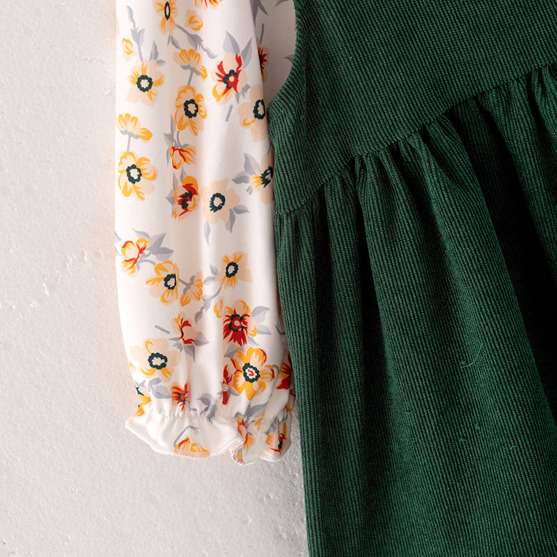 (In Stock Q12-1-2)Girls Fall Floral Print Corduroy Slip Dress