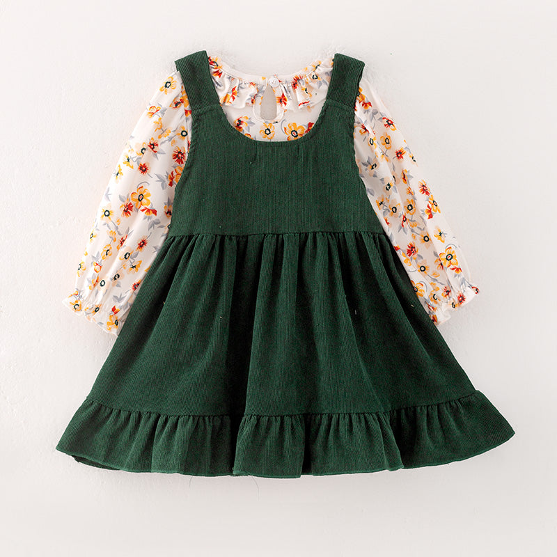 (In Stock Q12-1-2)Girls Fall Floral Print Corduroy Slip Dress