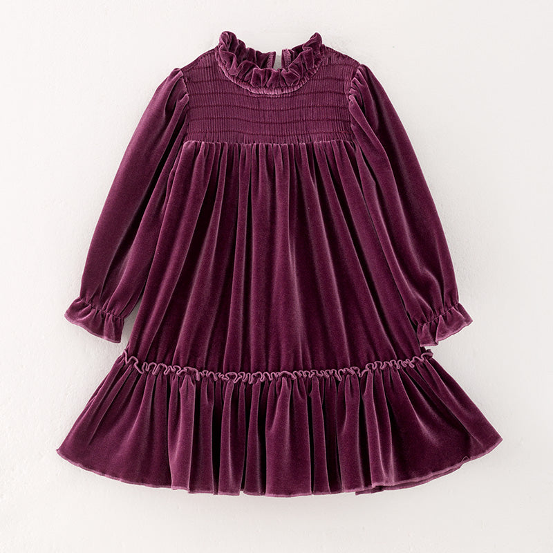 (In Stock Q12-3-1)Girls Fall Purple Velvet Smocked Dress