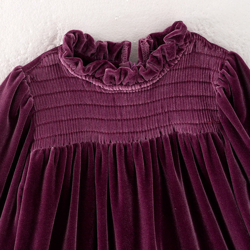 (In Stock Q12-3-1)Girls Fall Purple Velvet Smocked Dress