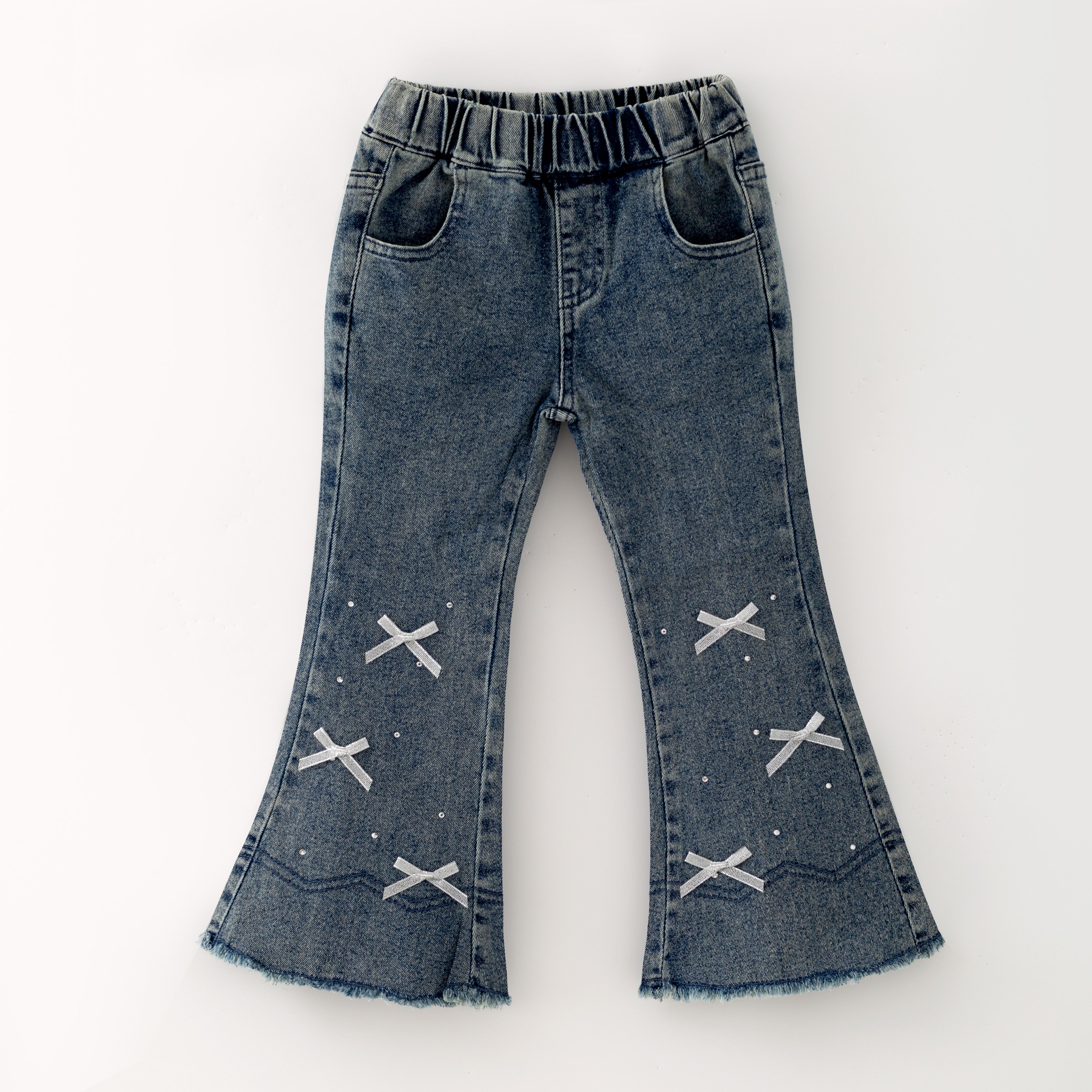 (In Stock)Girls Fall Dark Blue Bowknot Flared Jeans