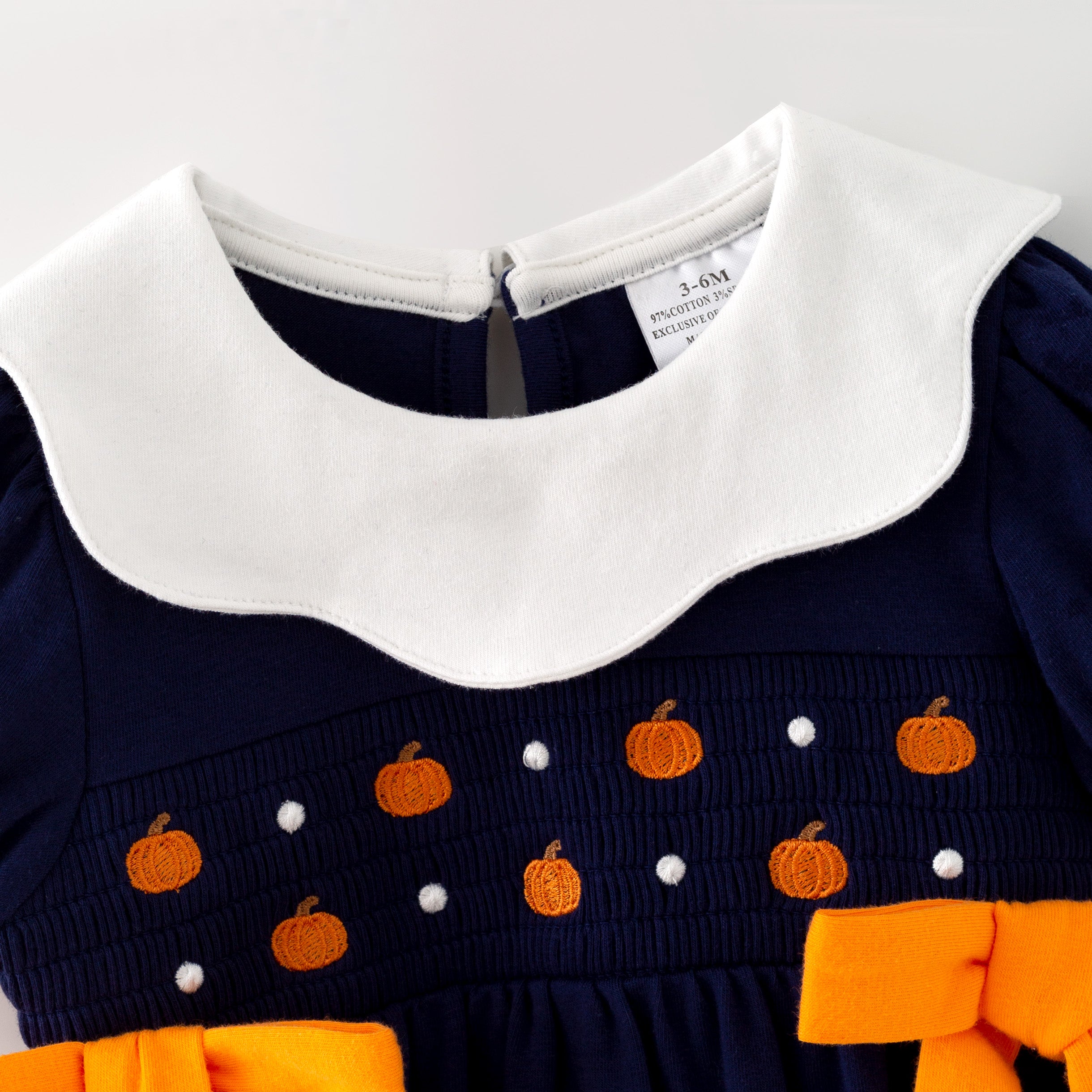 (In Stock)Toddler Girls Fall Pumpkin Embroidery Cotton Smocked Romper